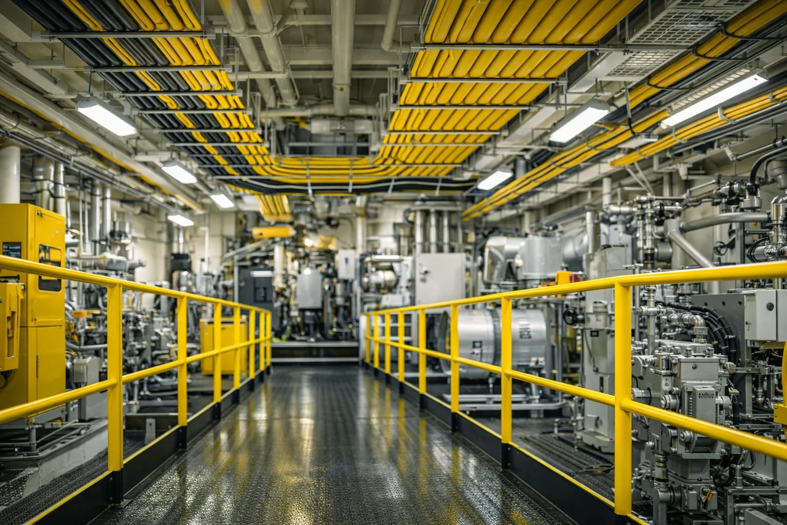 Marine electrical room with cable trays and organized infrastructure
